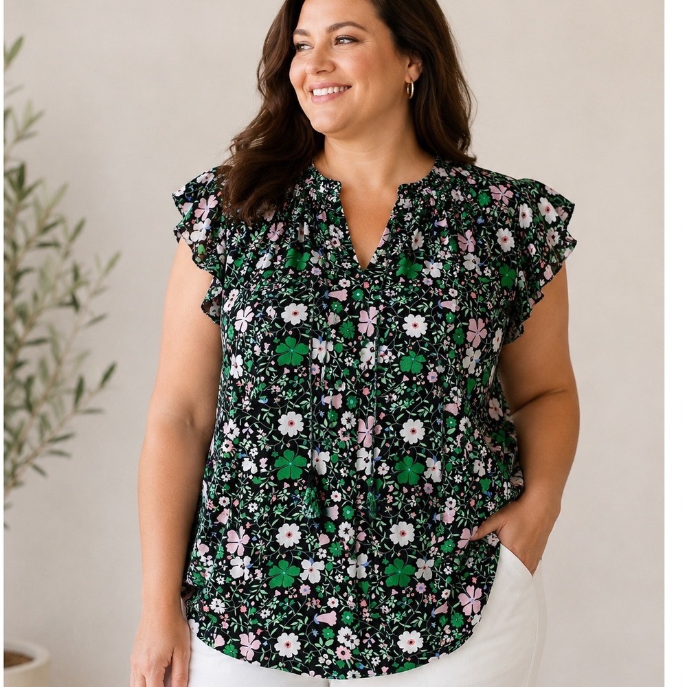 Talbots Plus 2X Black Floral Flutter Sleeve Split Neck Viscose Blouse